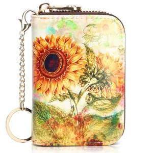 RFID Credit Card Holder Wallets for Women Leather Zipper Card Case for Ladie-SunFlower Card Holder