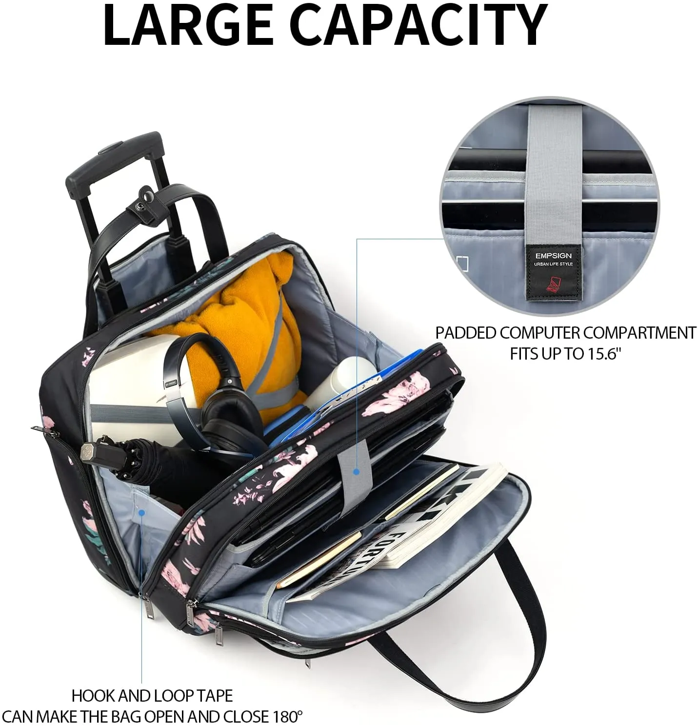 Rolling Laptop Bag, Briefcase, RFID Pockets, Water-Proof, Fits up to 15.6" Laptop, Pink & Teal on Black