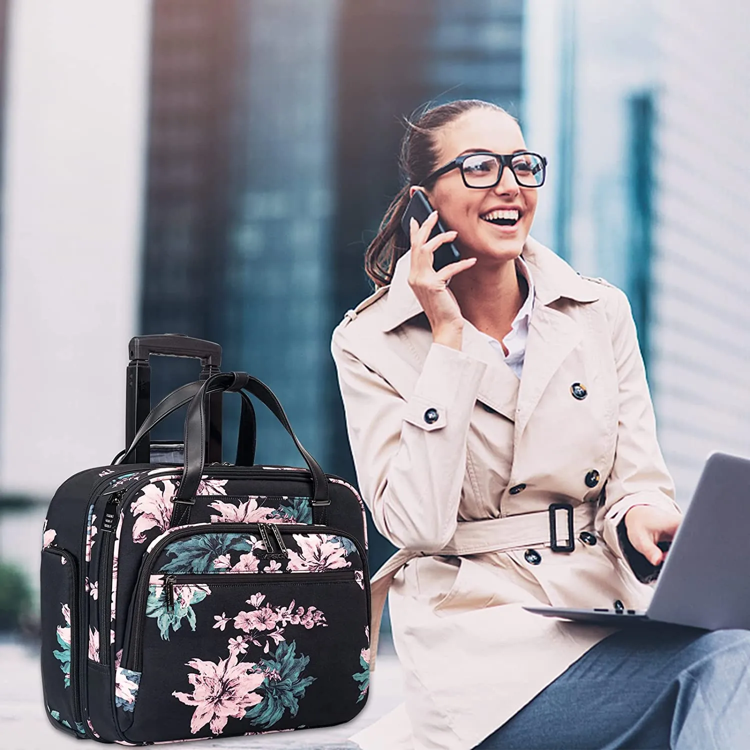 Rolling Laptop Bag, Briefcase, RFID Pockets, Water-Proof, Fits up to 15.6" Laptop, Pink & Teal on Black