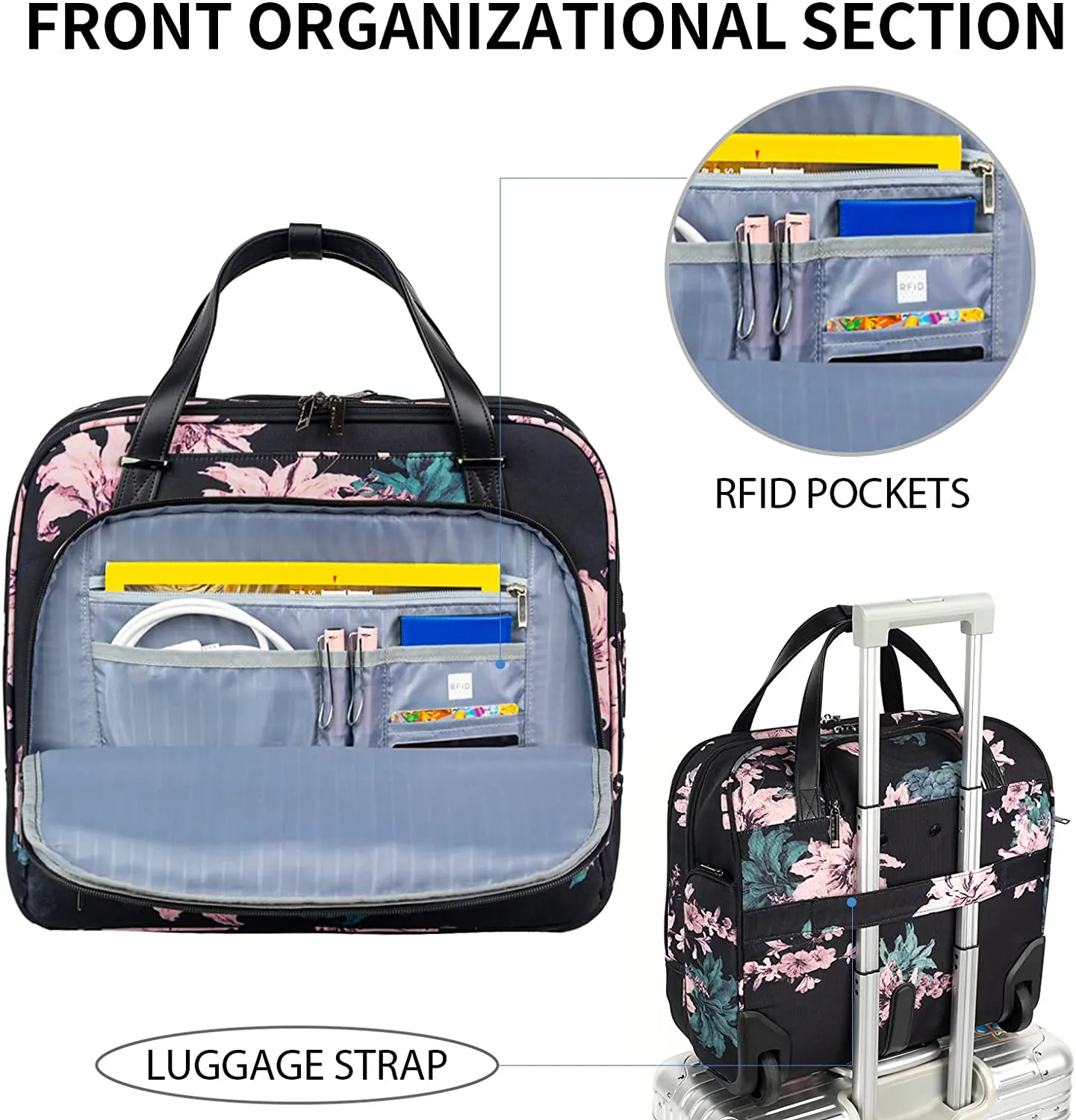Rolling Laptop Bag, Briefcase, RFID Pockets, Water-Proof, Fits up to 15.6" Laptop, Pink & Teal on Black