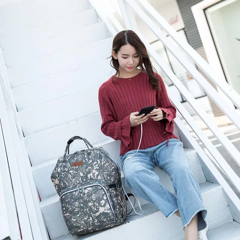 Women Oxford Multi-functional Waterproof Diaper Backpack With USB Charging Port